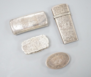 A George III silver oval patch box, John Taylor, Birmingham, 1800, 36mm, a Georgian silver concave combination snuff box/vinaigrette, Samuel Pemberton, Birmingham, 1809?, a Victorian silver pill box and a similar silver